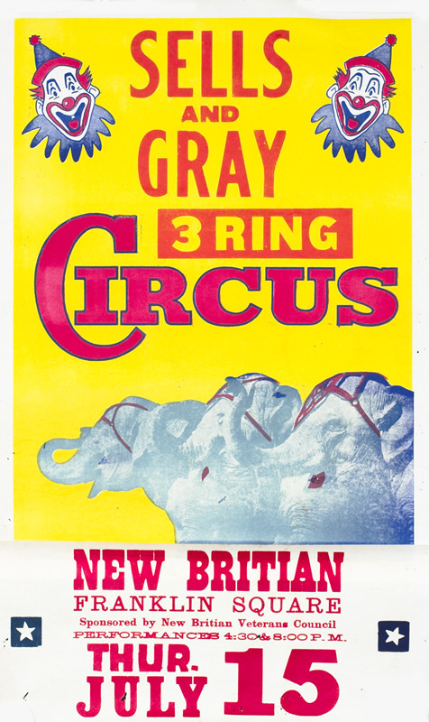 Three elephants trumpeting, cartoon clowns in upper corners; blue, red, yellow