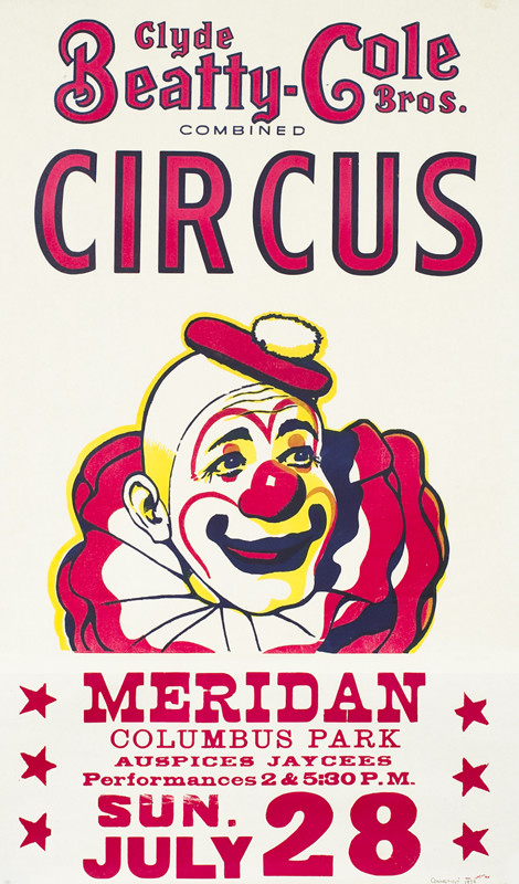 Clown's head, wearing ruffled collar; yellow, red, blue