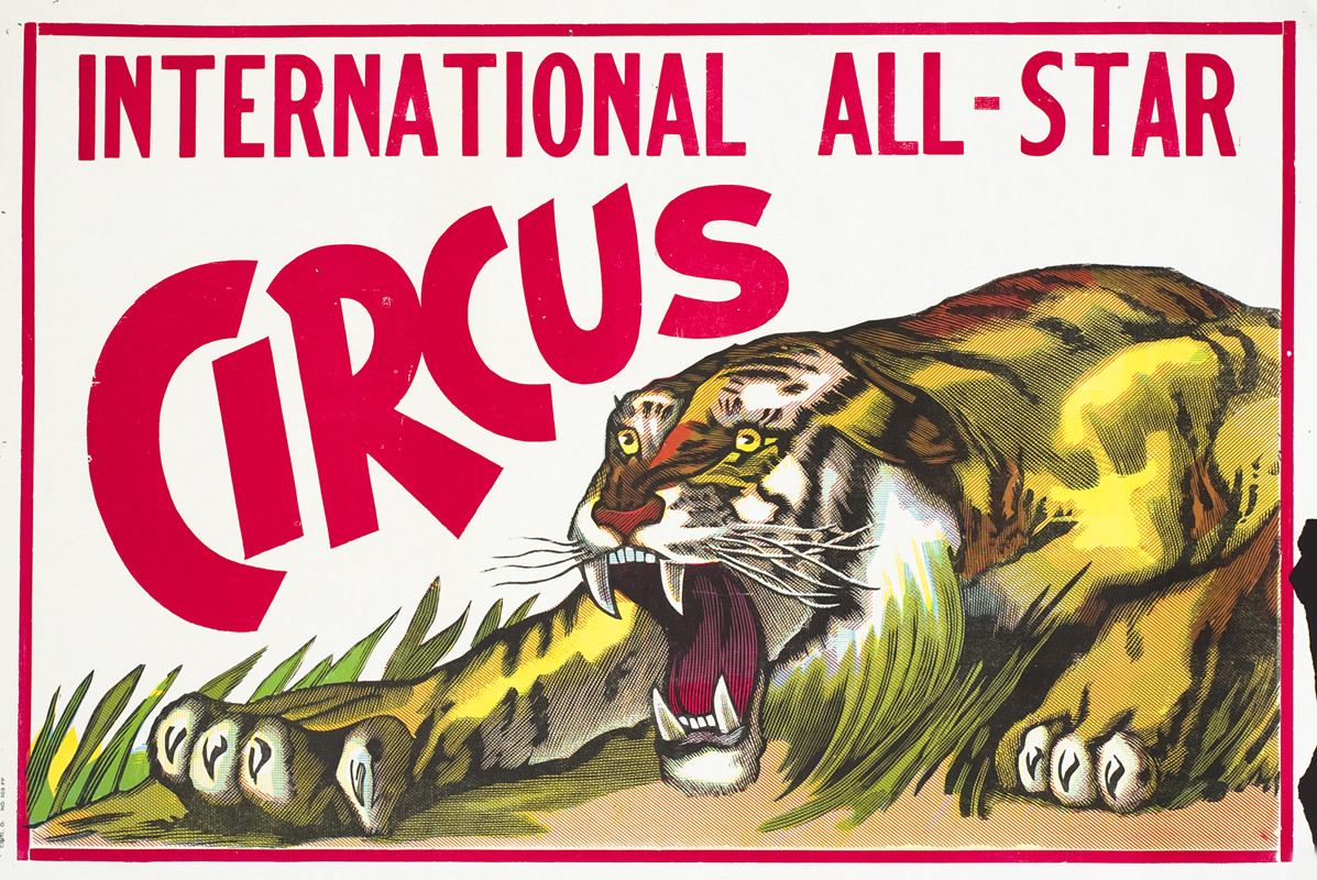 Crouching tiger roars; yellow, red, brown, green