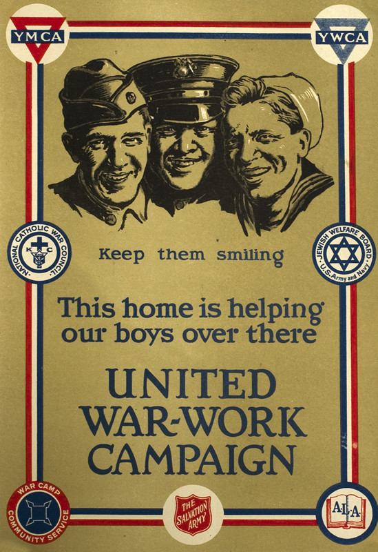 Trio of soldier, sailor, and airman smiling together, emblems of YMCA, YWCA, Jewish welfare board,Ccatholic war council, Salvation Army; tan, blue, red, white