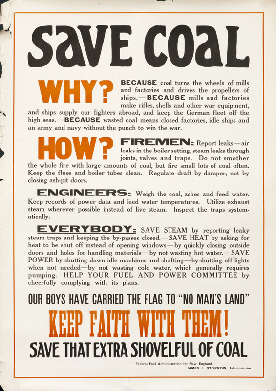 Text explaining why and how to save coal; red, white, orange