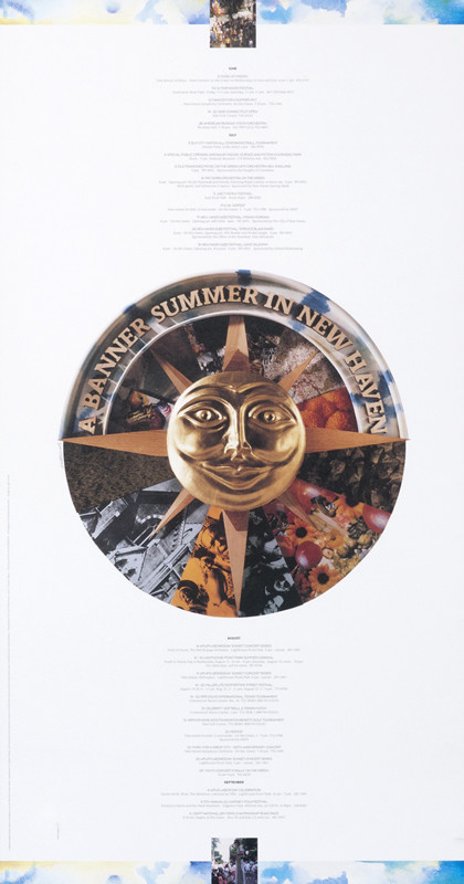 Sun with photographs and schedule; gold, brown, blue