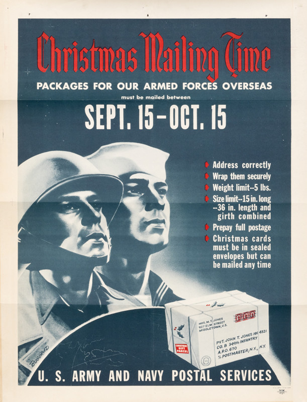 Two soldiers with Christmas package; blue, red