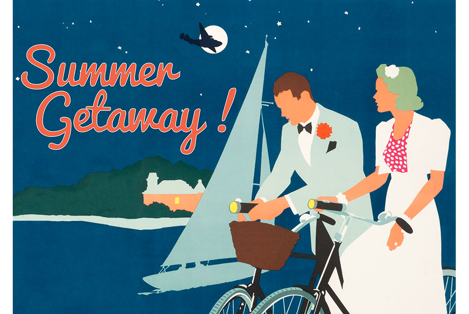 Couple with bicycles, sailboat and full moon in background; blue, green, red