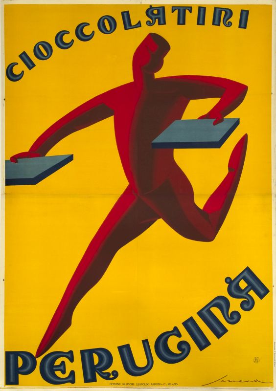 Abstract pageboy leaping, carrying oversized bars of chocolate; yellow, red, blue