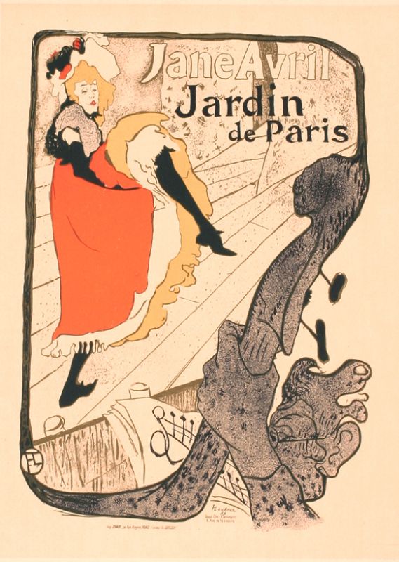 CanCan dancer performs before bass player; blue, green, orange, yellow