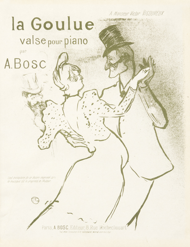 Fashionable turn of century couple dancing; green, white