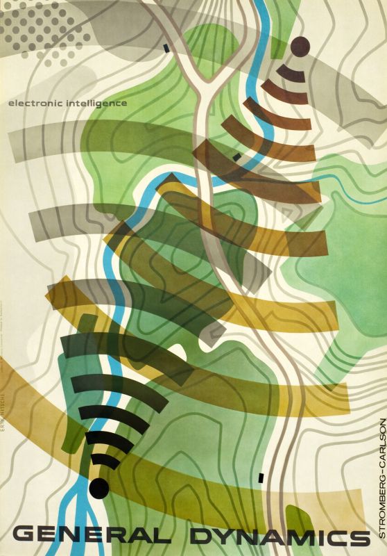 Sonar waves radiate across a topographic view of land; green, brown, white, blue