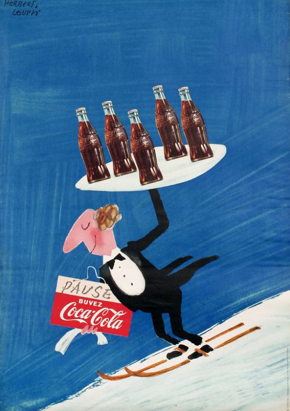 Waiter holds tray of Coke aloft as he skis down slope; blue, black, red, white