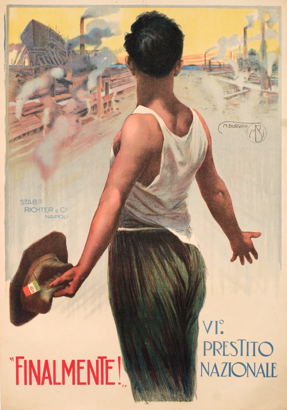 Man with hat beholds ship rising at dock ; grey, brown, red, yellow