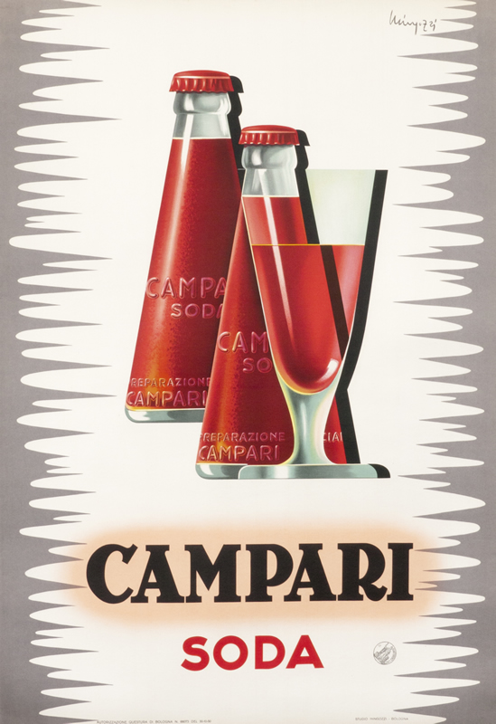 Two single serve bottles of Campari soda with a goblet; red, white, gray