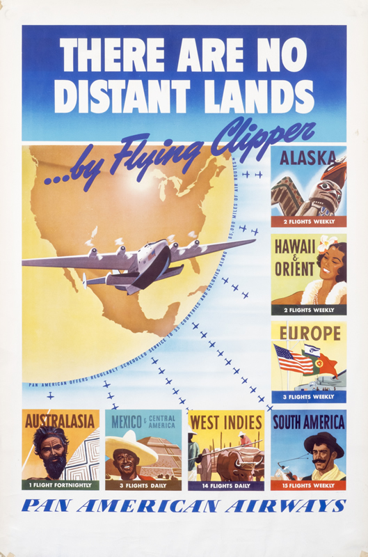 Flying clipper on globe with destinations around; blue, yellow