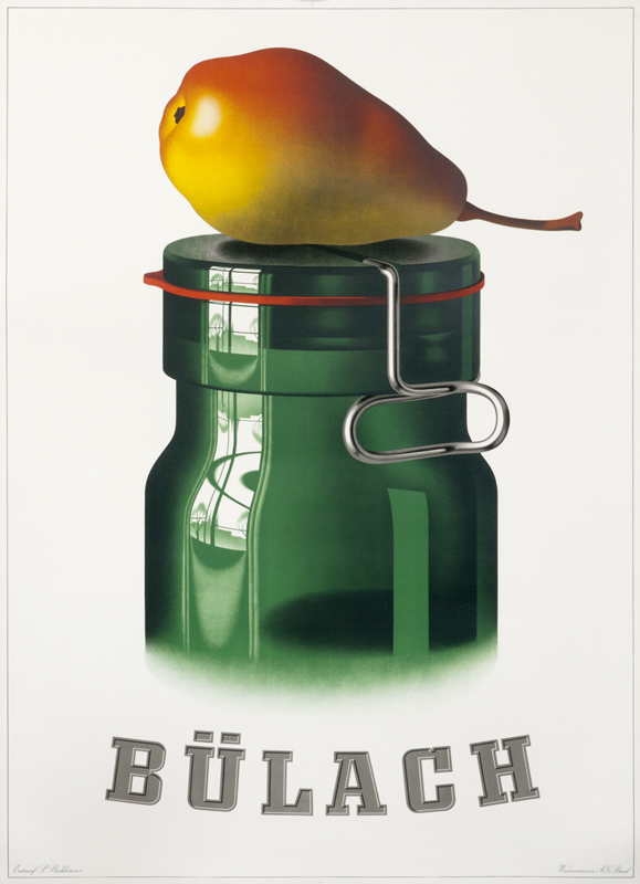 A yellow and red pear rests atop a green jar; red, yellow, green, white