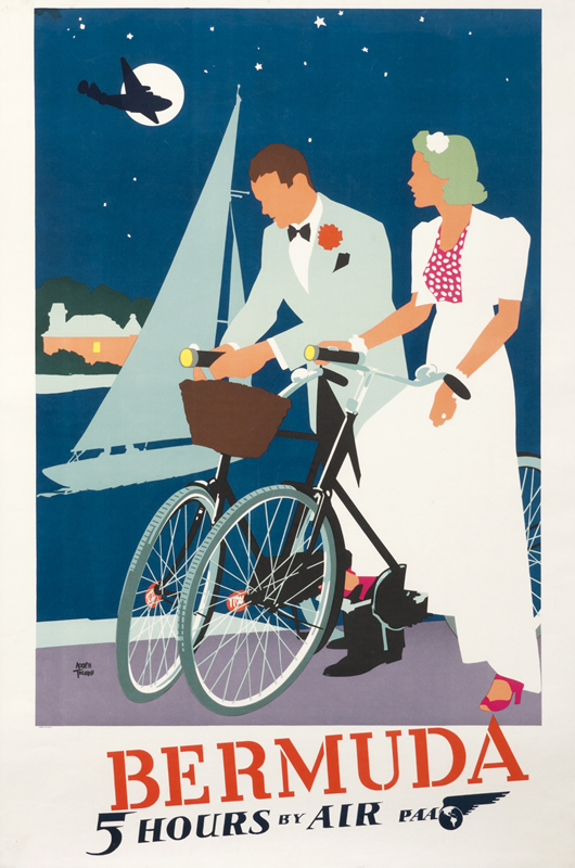 Elegant couple with bicycles along the shore, full moon and sailboat behind; blue, red