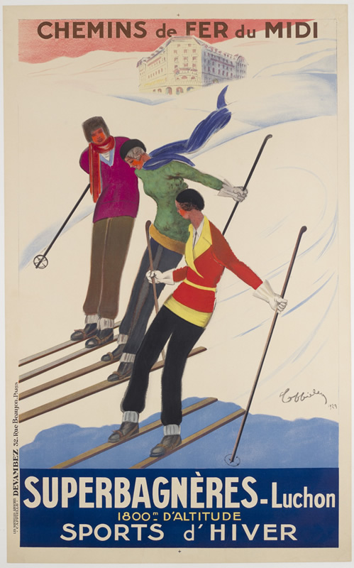 Three women skiing; pink, blue, white, red
