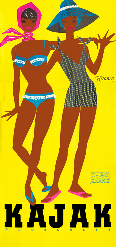 Two women in bathing suits and sun hats pose together; yellow, brown, pink, blue