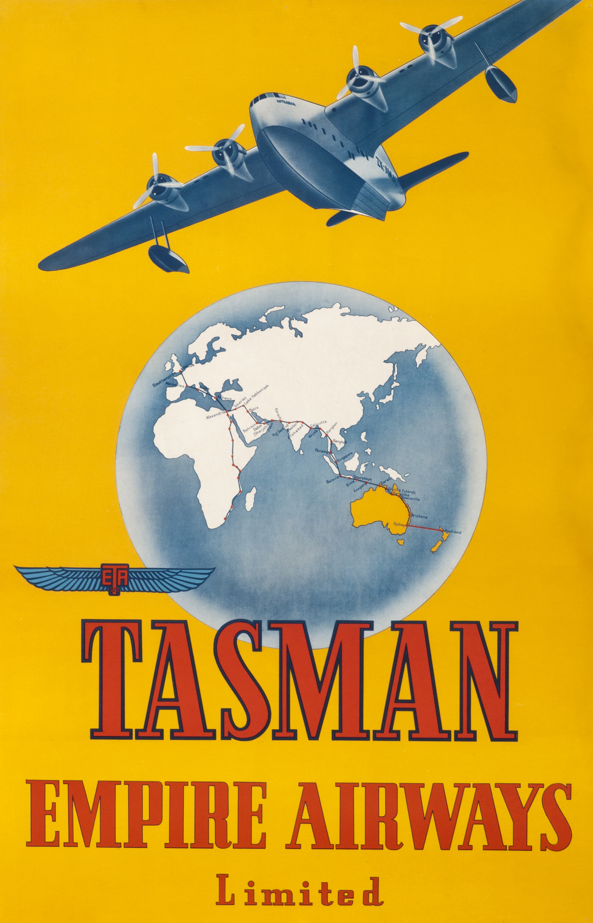 Route map from London to South Africa and Auckland with Imperial Airways connections, ZK-AMA Short Empire Air clipper ship plane overhead; orange, blue, red
