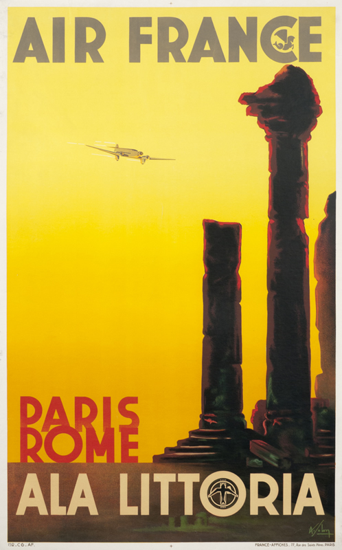 Airplane flying above shadowed Roman columns; orange, yellow, red, gray