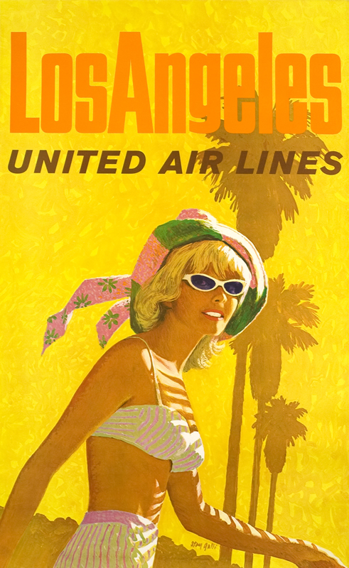 Vacation ready woman sashays by row of palm trees; yellow, pink, green, orange