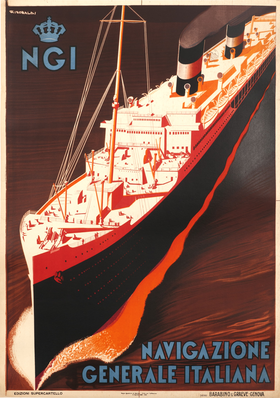 Ocean liner steams through sea; red, blue, white, brown