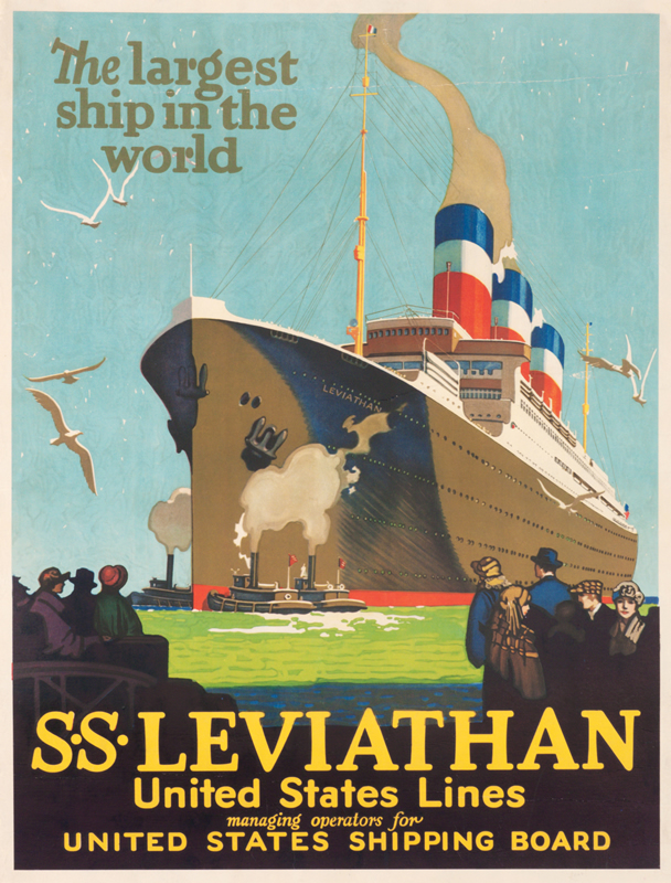 SS Leviathan pushed by tugboats away from   docks; green, blue, red, brown, yellow