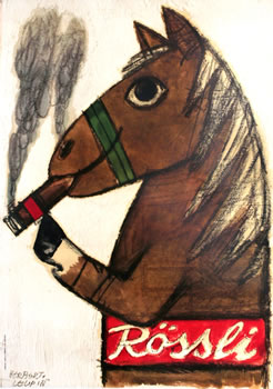 Horse smokes cigar; red, brown