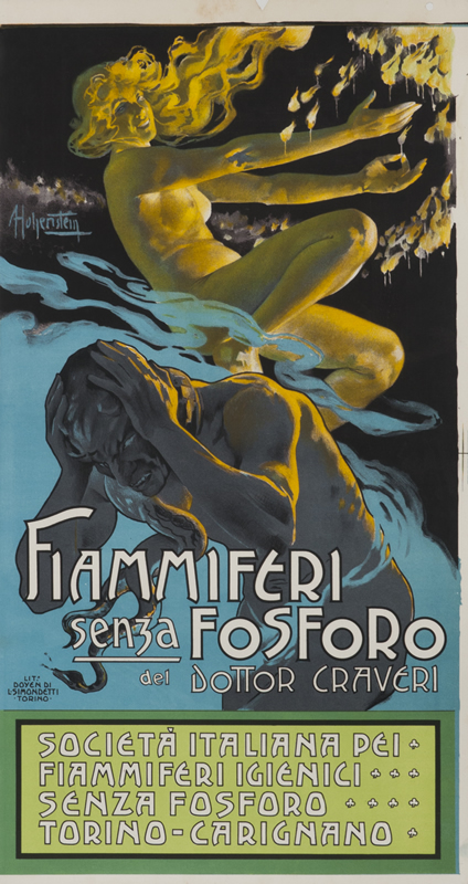 Cowered devil holds head under angel lighting matches; blue, yellow, green, grey