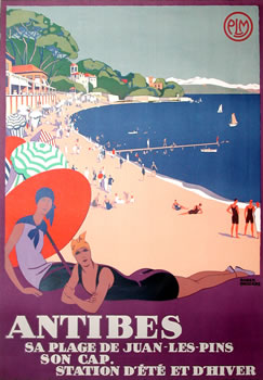 Elegant women recline under umbrella on beach; purple, orange, blue