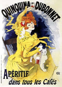 Woman with white cat lifts glass of aperitif; yellow, blue, orange