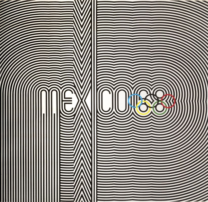 Linear pattern following outlines of letters in "Mexico", Olympic rings; black, white