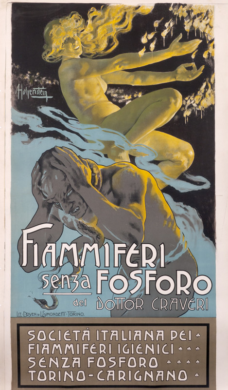 DEVIL HOLDING HEAD, WOMAN LIGHTING MATCHES; YELLow, BLUE, BRowN, turquoise