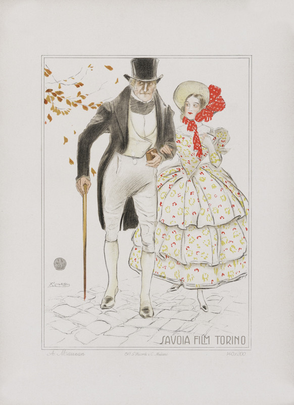 Young lady walks with older gentleman; white, red, black