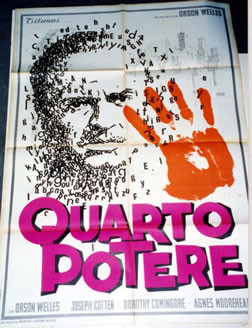 Close-up of Orson Welles made up of letters with orange hand;