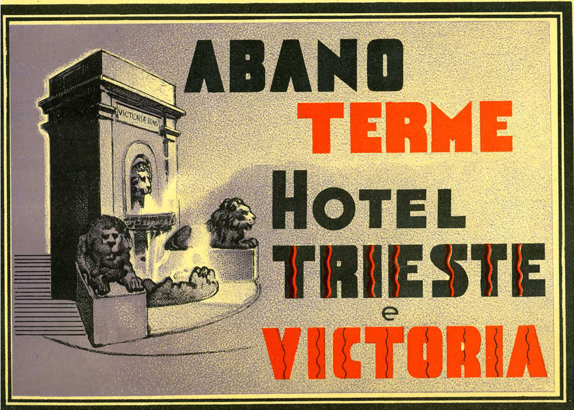 Water fountains flanked by lion statues on each side;  black, purple, orange