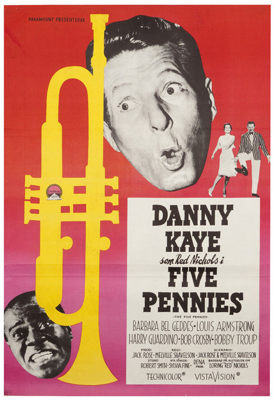 Heads of Danny Kane and Louis Armstrong, couple dancing, trumpet; red, yellow, pink