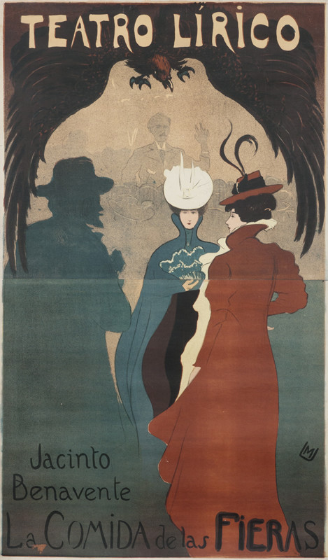 Two women engaging with man with crow overhead; red, green, brown
