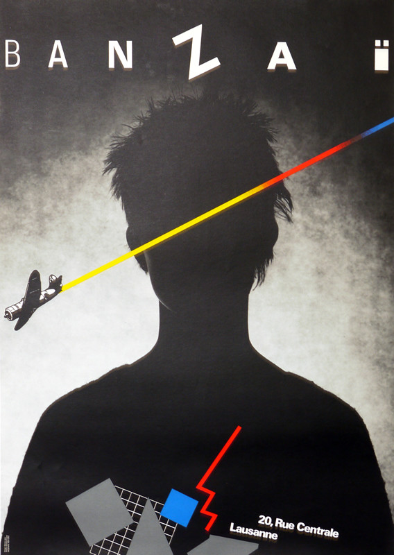 SILHOUETTE W/JAPANESE WWII PLANE STREAKING ACROSS; black, white, red