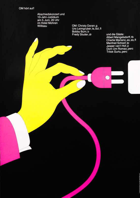 Elegant hand pulls out plug; neon pink and yellow on black