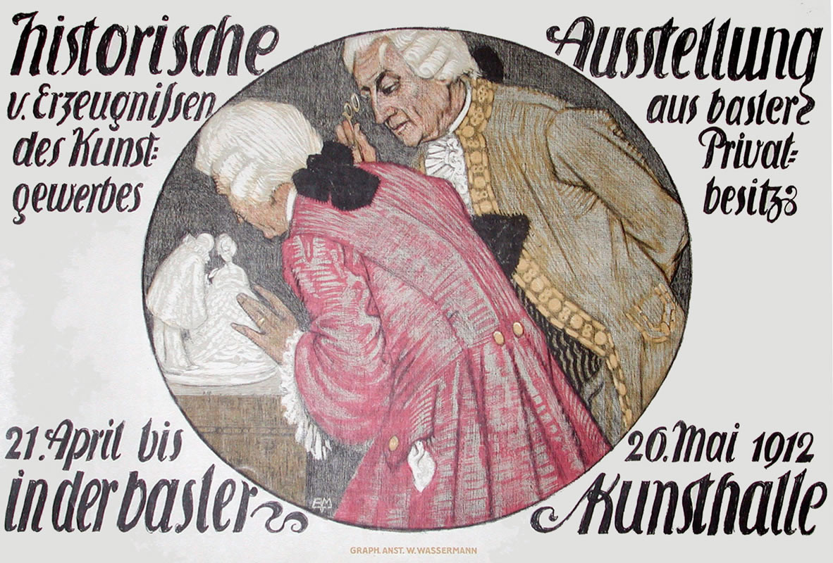 Two men at museum peer at small sculpture; pink, black, white, tan