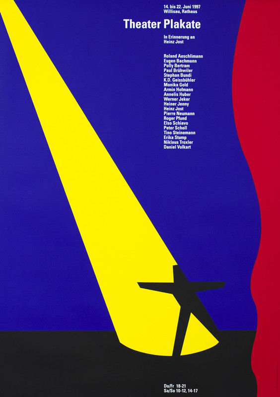 Abstract figure in spotlight, list of artists; blue, red, black, yellow