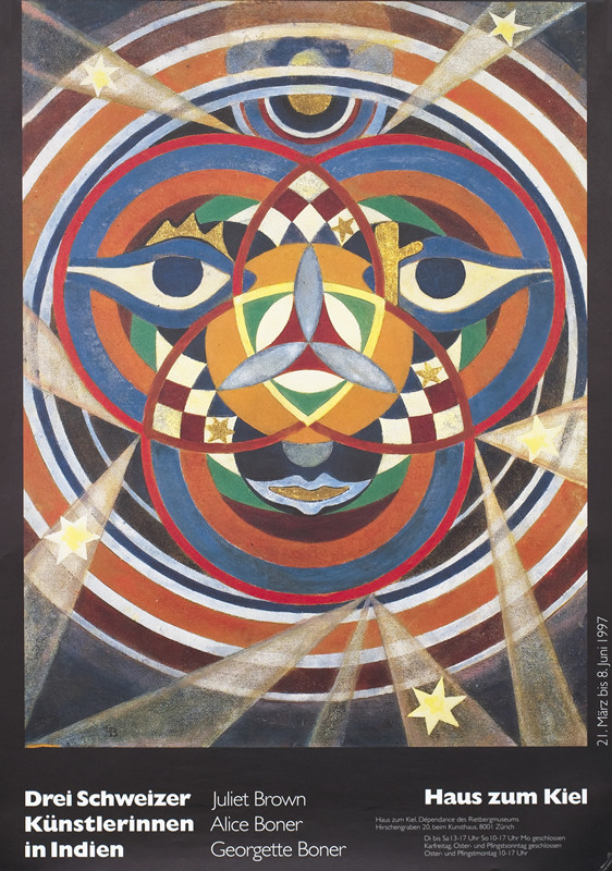 Artwork of circles comprising face and abstract designs; black, blue, red, orange, green