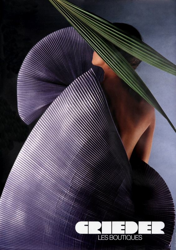 Woman wrapped in fan with leaf above; purple, green