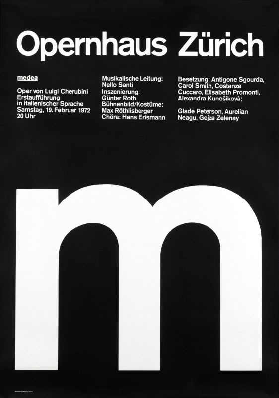 black background with large white M; black, white