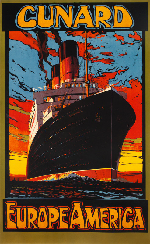 Ocean liner Berengaria steams to sea under fiery sunset; red, blue, black, yellow