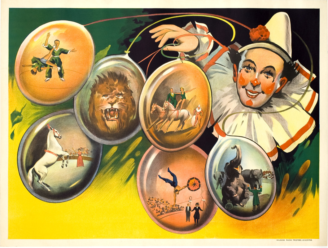Clown dangles balloons featuring vignettes of performers, animals, elephants, acrobat, lions; black, red, orange