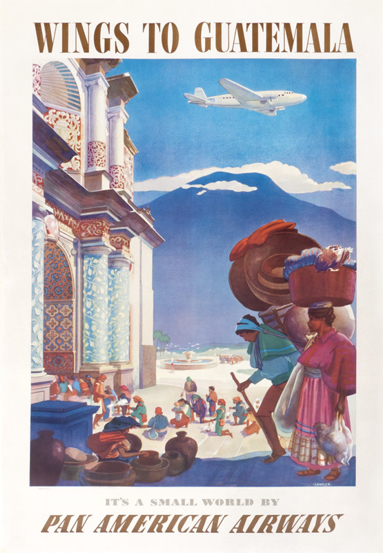 Locals in front of Cathedral of Guatemala City with mountain and DC-2 airplane in background; blue, red, yellow, white