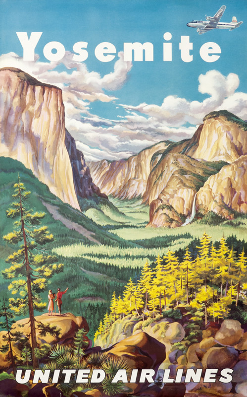 Couple in Yosemite in canyon; green, brown, blue