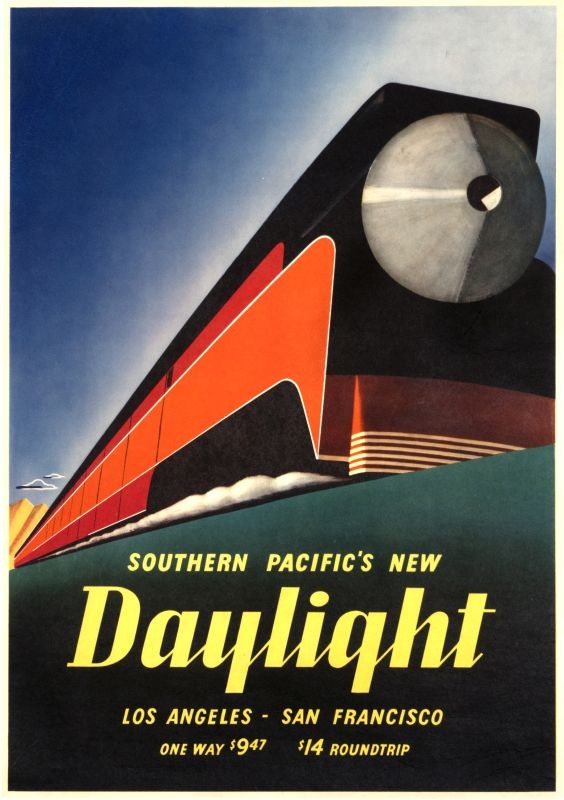 Train speeds past text at bottom, Los Angeles, San Francisco; green, blue, black, orange, yellow, red