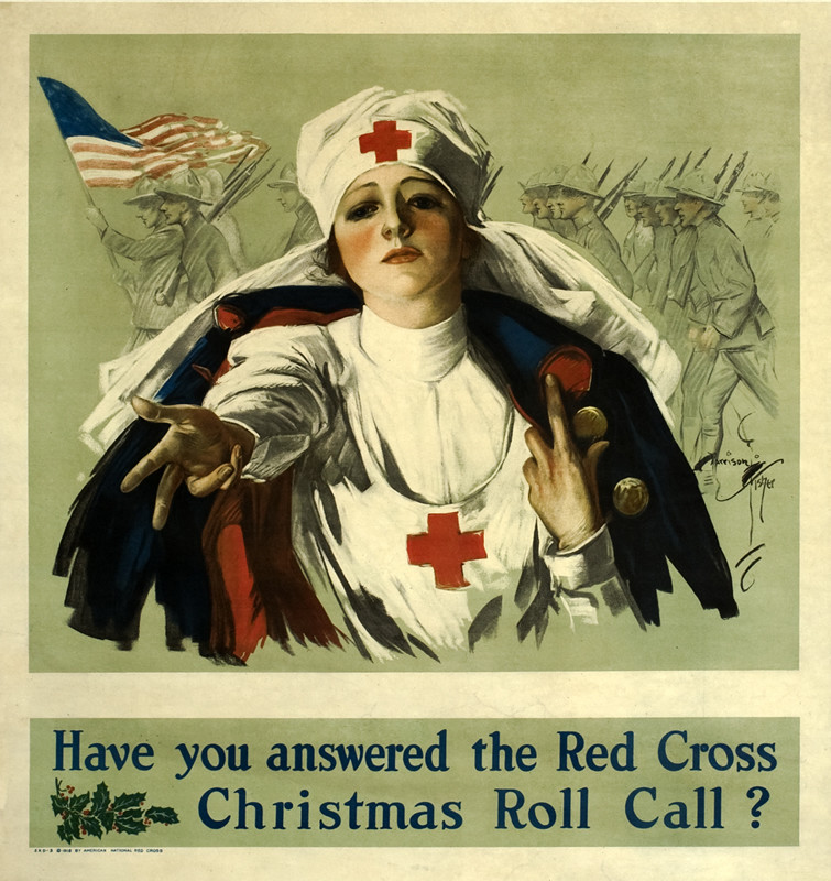 Red Cross nurse reaches out to viewer; gray, red, blue