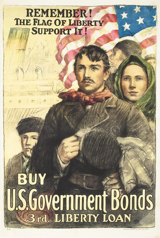 An immigrant family stands  in front of American flag with steamship behind; brown, red, green, blue